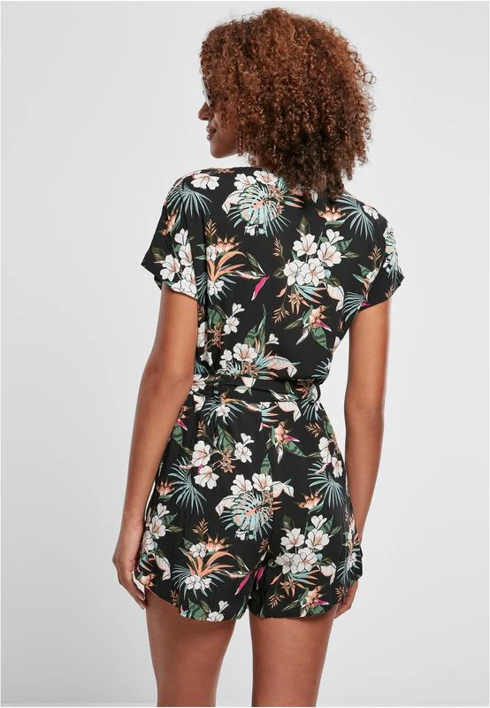 Urban Classics Ladies Short Viscose Belt Jumpsuit black tropical - Image 2
