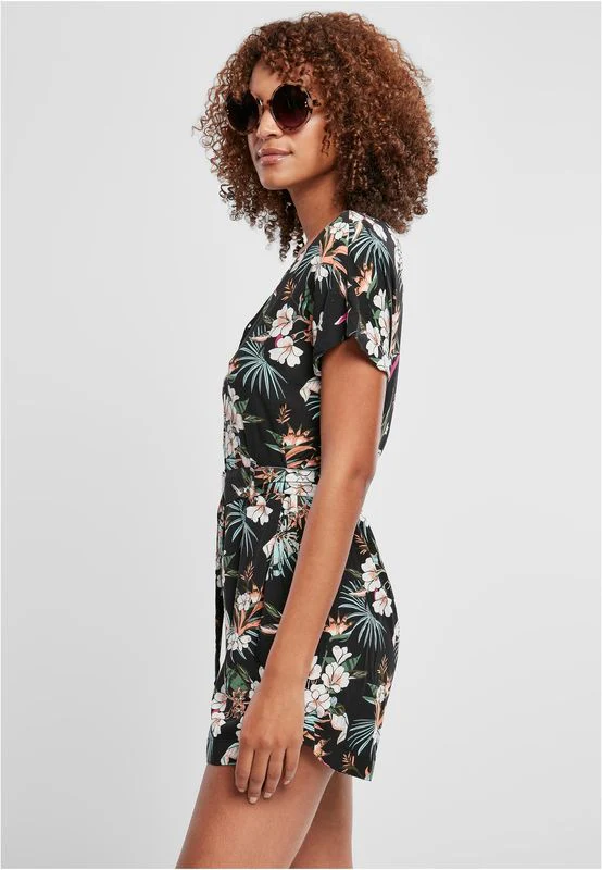 Urban Classics Ladies Short Viscose Belt Jumpsuit black tropical - Image 3